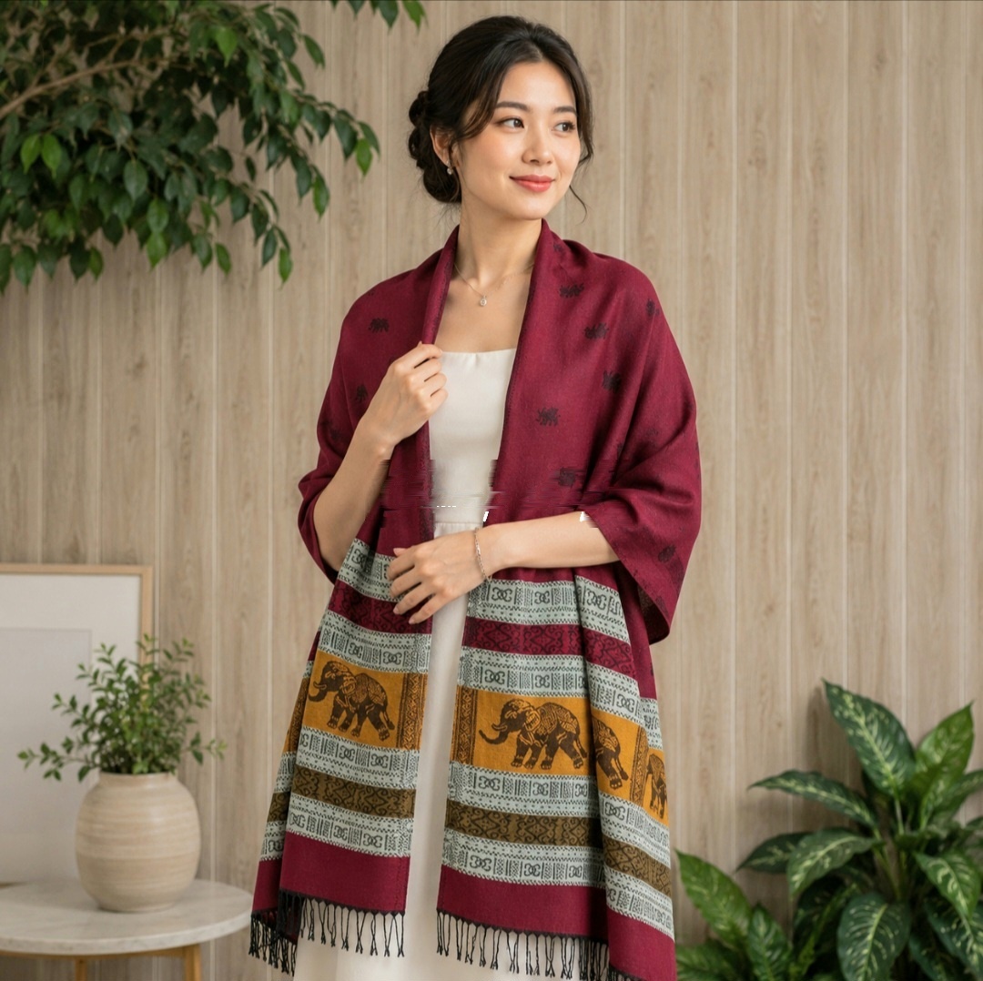 Woman wearing a deep maroon elephant-border silk shawl in Thailand