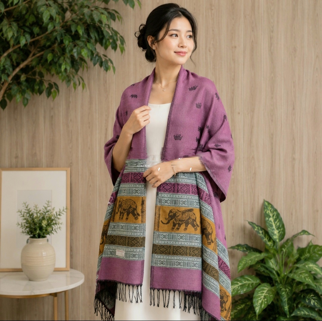 Elephant silk shawl in plum purple, worn over the shoulders
