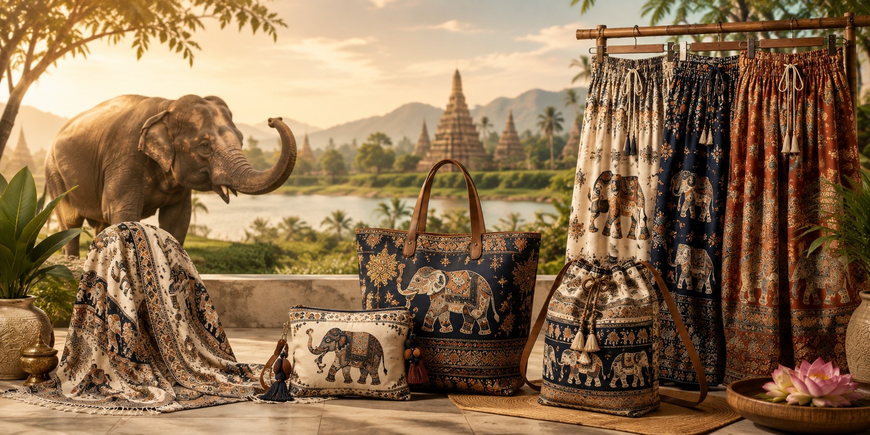 Thai elephant scarves, bags, and trousers laid out with a Thai temple in the background