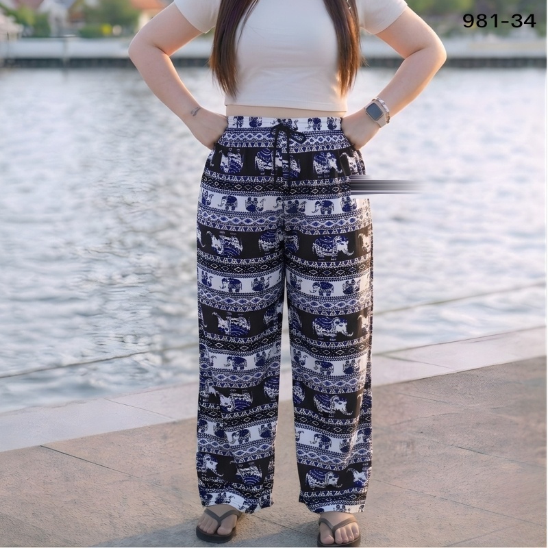 Elephant print trousers in indigo blue and white