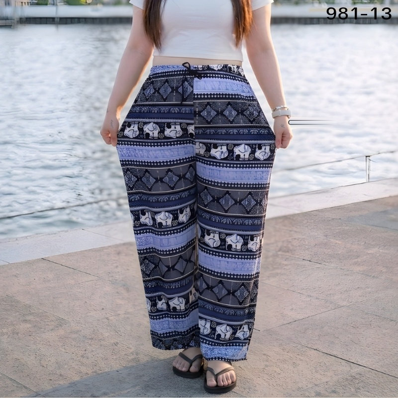 Elephant print trousers in periwinkle blue and black